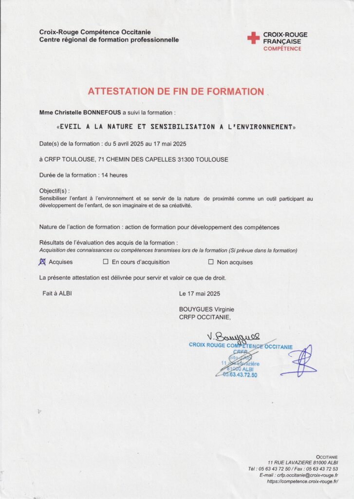 attestation d'assistante maternelle colomiers éveil à la nature